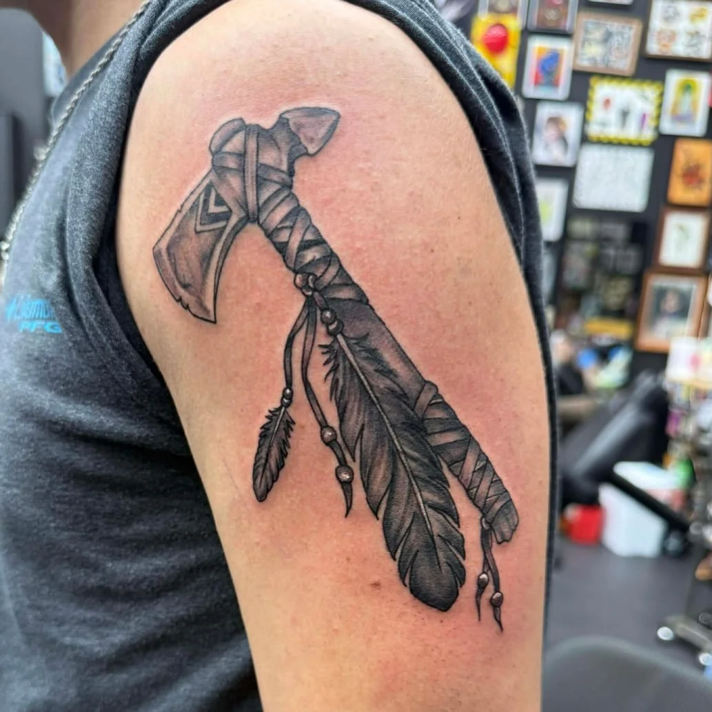 🪶 black and grey tomahawk done by @50kal.bodyart #fyp #fypage #tattoo #art #blackandgreytattoo