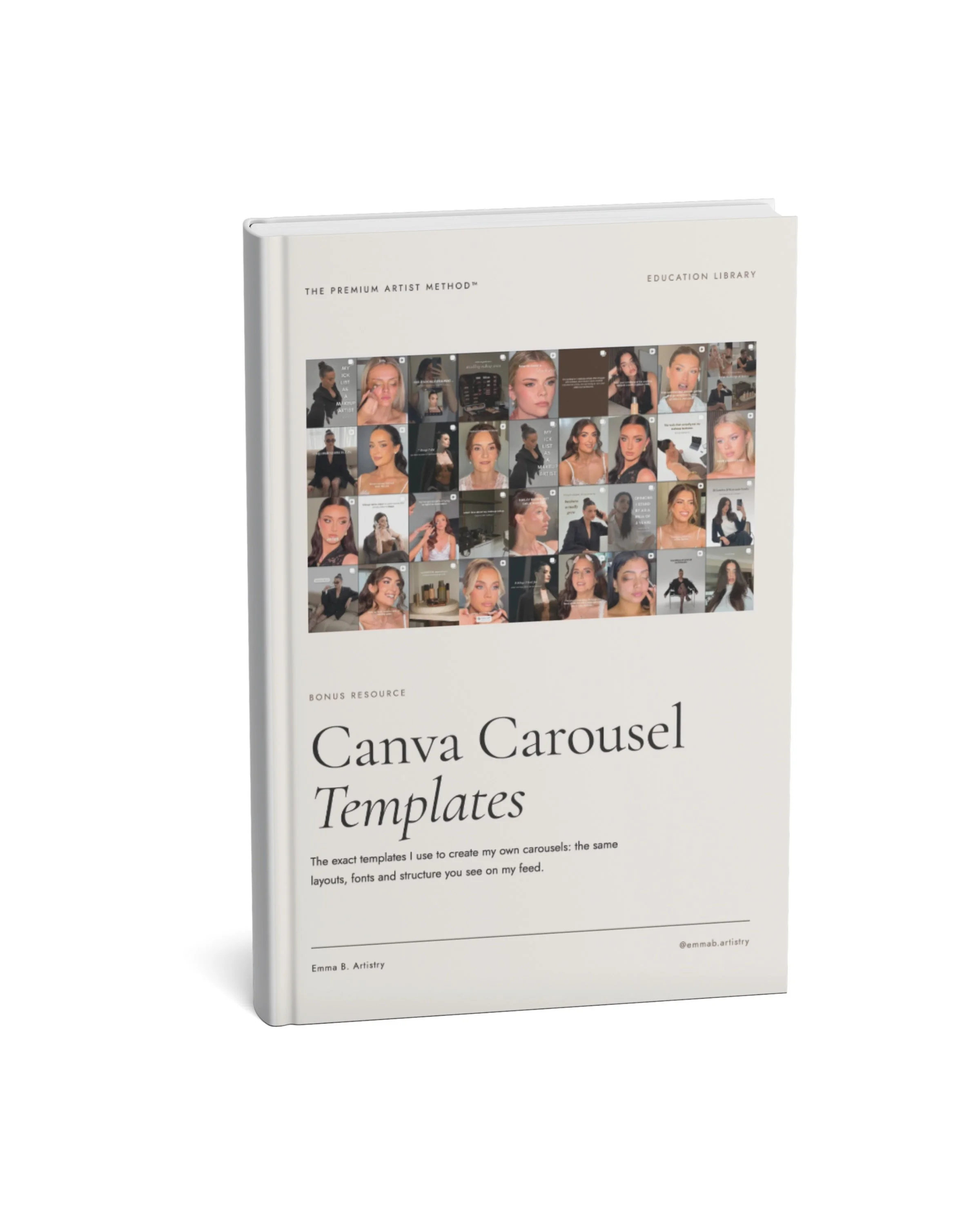 The Canva Carousel Templates booklet by Emma B. Artistry, a hardcover book mockup with a grid of Instagram carousel designs on the cover
