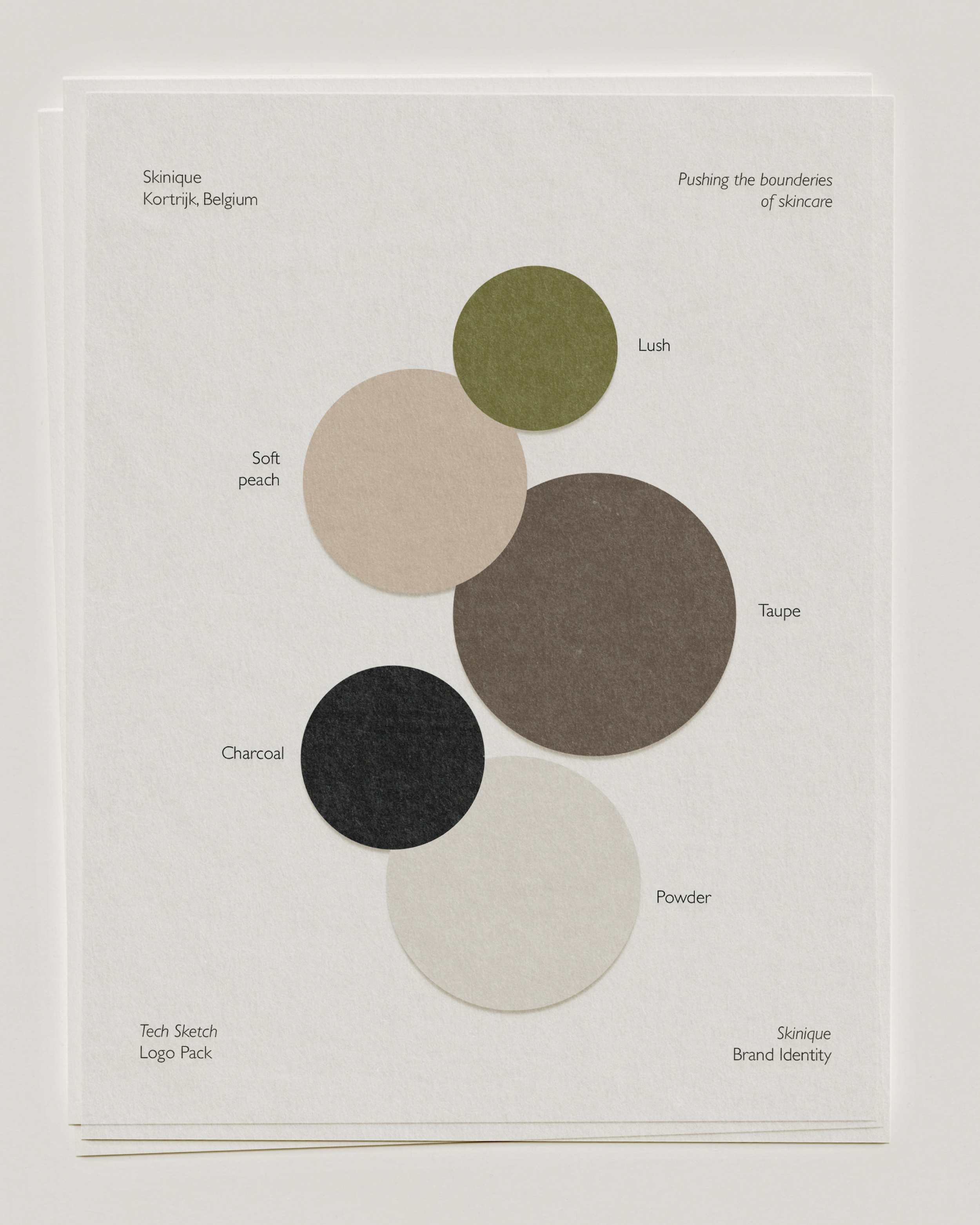 Stack of white paper with branding elements for SkинIQUE, a skincare company, including color swatches labeled 'Soft Peach,' 'Lush,' 'Taupe,' 'Charcoal,' and 'Powder,' along with text indicating product and branding concepts.