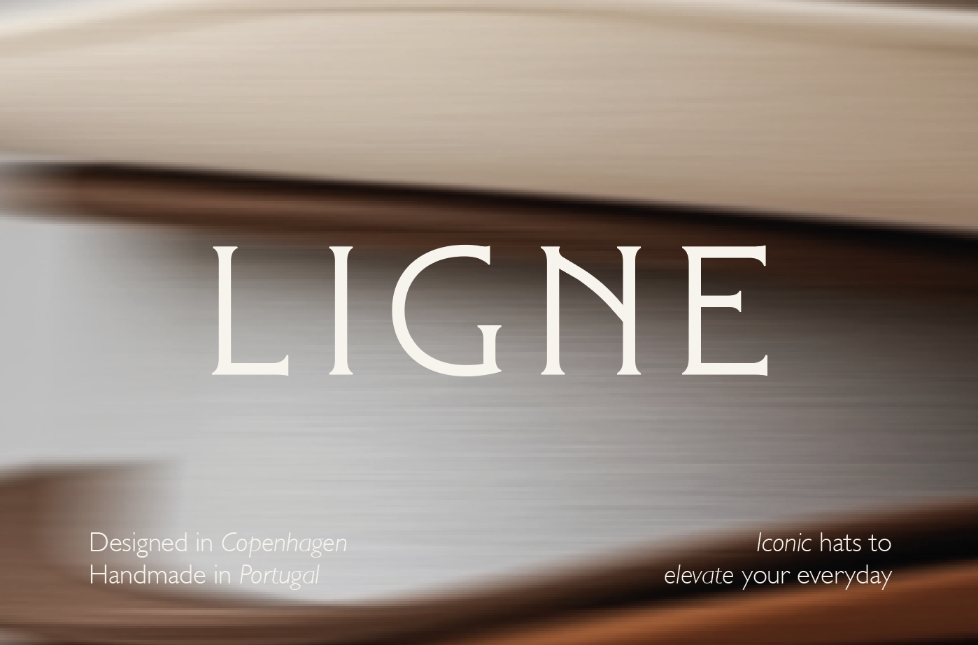 Close-up of a stack of books with the word 'LIGNE' overlaid, and text indicating handcrafted, made in Portugal, and designed in Copenhagen, suggesting a focus on hat or accessory craftsmanship.