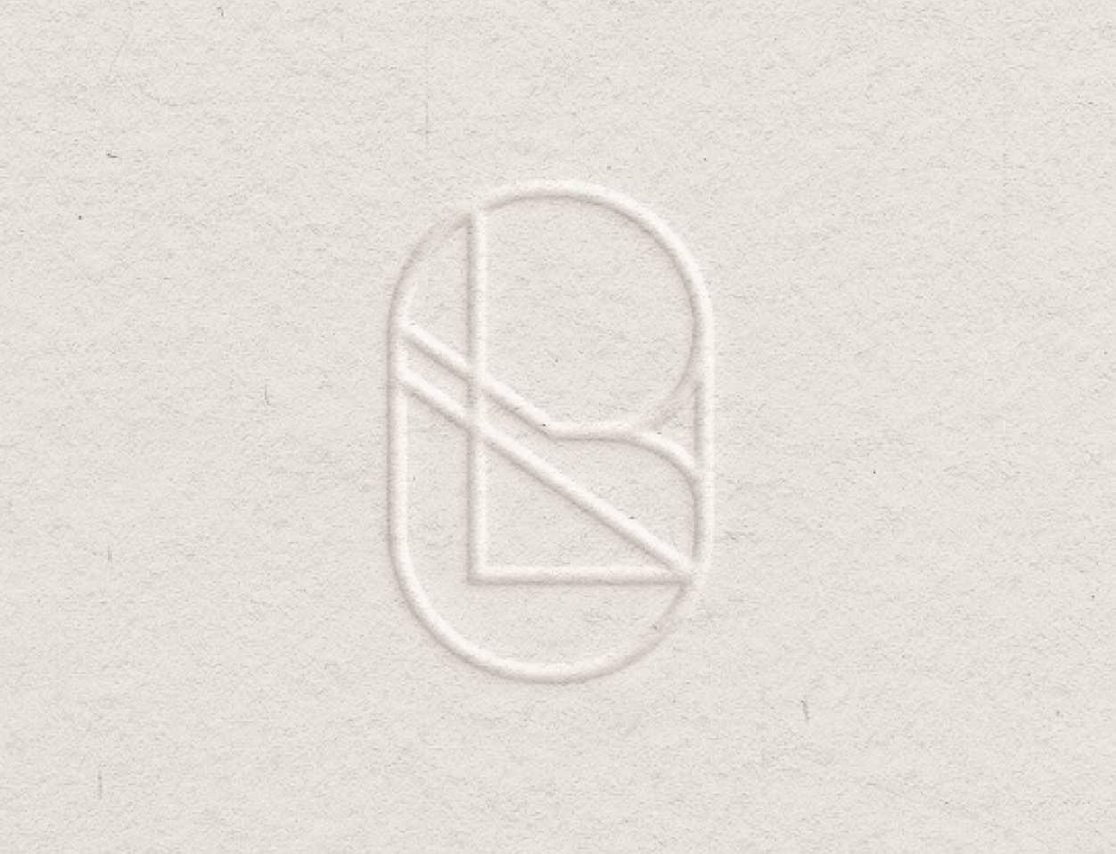 Embossed logo on white textured surface, featuring a stylized letter 'A' with a diagonal line crossing it.