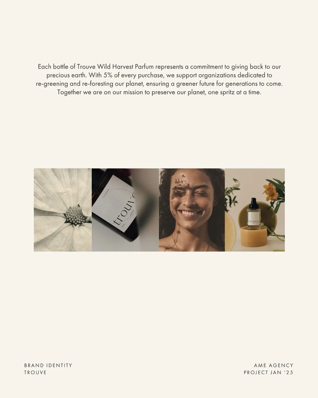 Informational page about Trouve Wild Harvest Parfum with images of a flower, perfume bottle, woman smiling, and natural ingredients.