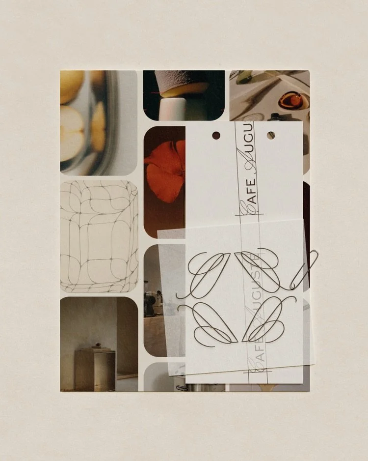 A collage postcard with various images including a close-up of lemons, a desk lamp, a red flower, a white chair, a small cabinet, and a coffee cup, partially covered by a white card with abstract black line drawings and handwritten text.
