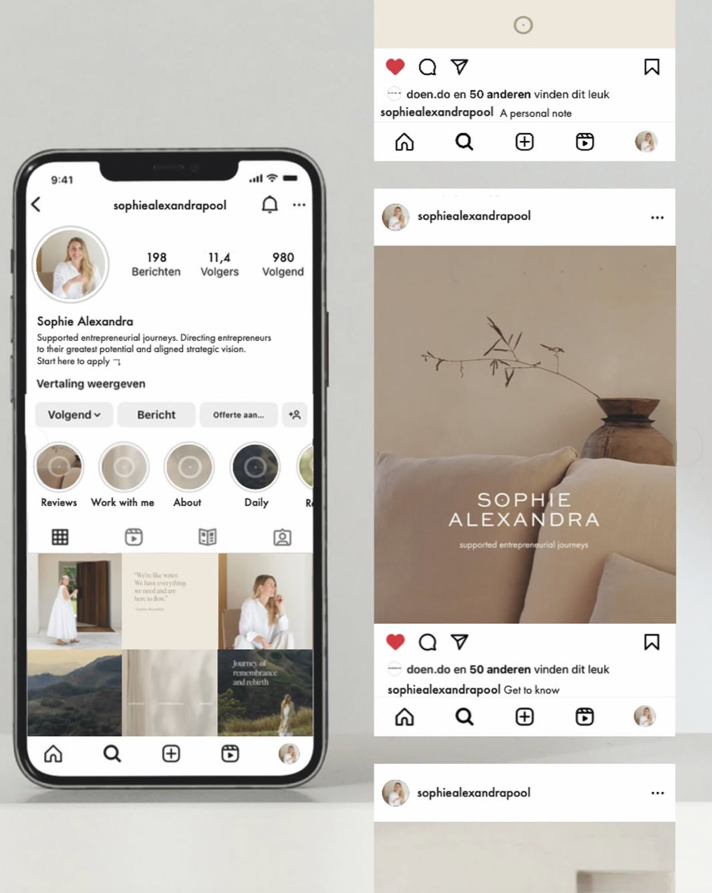 Screenshot of a mobile phone displaying an Instagram profile named 'sophiealexandrapool' with 198 posts, 11.4k followers, and 980 following. The profile shows a photo of a blonde woman in a white shirt and several story highlights. Adjacent to the phone are two Instagram posts; one appears to be a personal note from Sophie Alexandra, and the other features a minimalist image of a branch with leaves in a vase, with the text 'SOPHIE ALEXANDRA supported entrepreneurial journeys'.