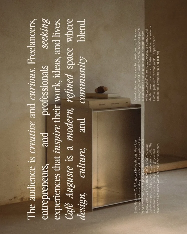 A decorative wall with a white shelf displaying books, a small object, and a paper bag, accompanied by a paragraph of text about the brand's influence and design philosophy.