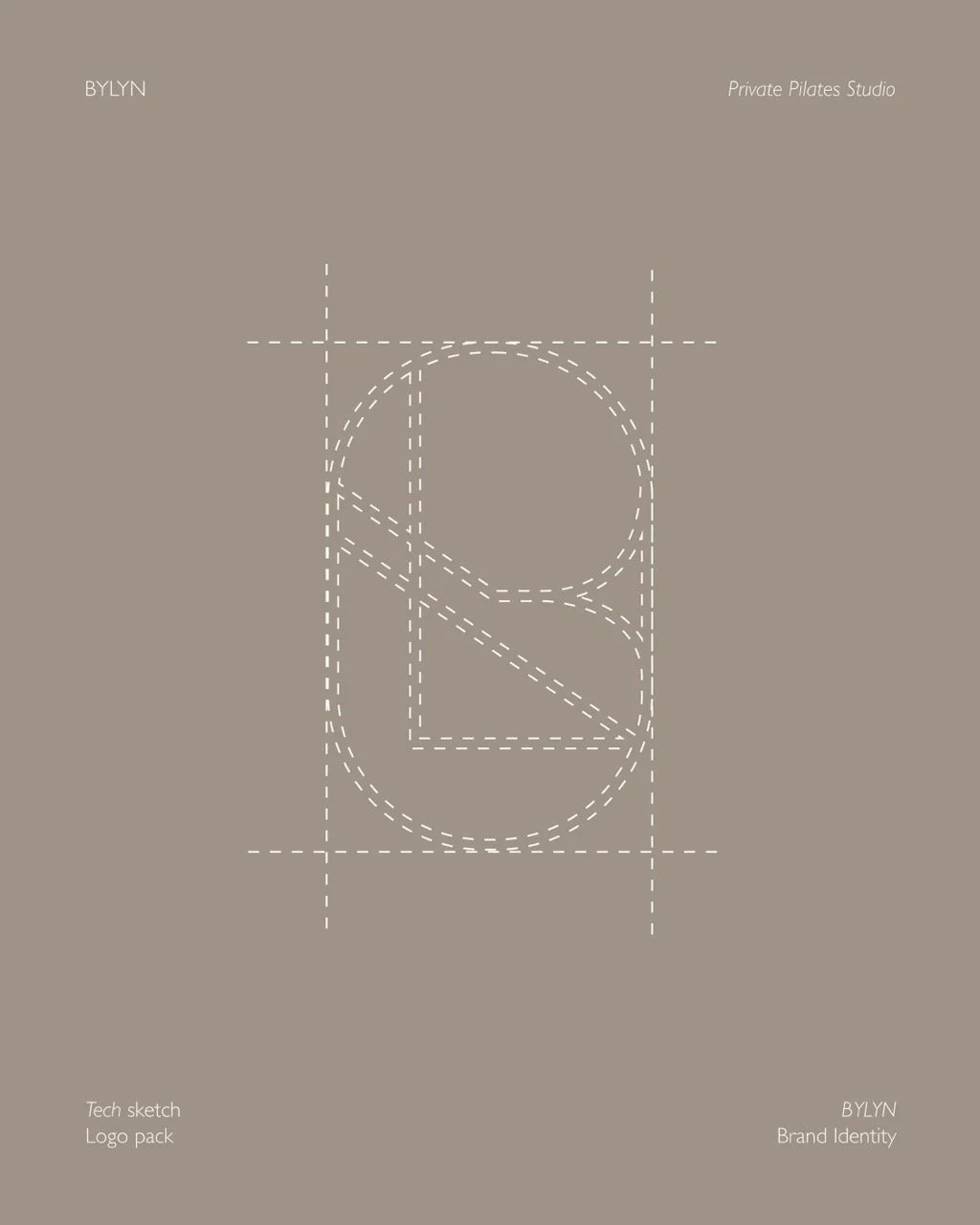 Design concept for a brand identity showing construction lines of a logo with the letter 'B' in white on a taupe background. Text on the image includes 'BYLYN', 'Private Pilates Studio', 'Tech sketch', 'Logo pack', and 'Brand Identity'.