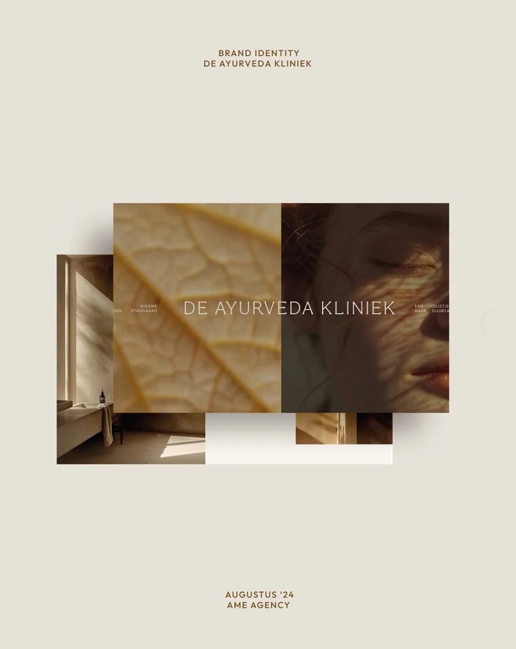 A promotional poster for 'De Ayurveda Kliniek' featuring images of a leaf, a person with closed eyes, and a minimalist interior, with date August 2024 and agency name 'AME Agency'