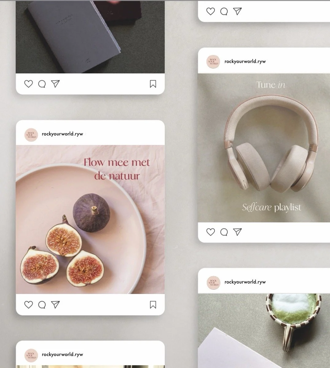Collage of four images displaying various products and items, including a book, a pair of beige headphones labeled "Selfcare playlist," a plate of figs with the text "Flow mee met de natuur," and a green and white mug.