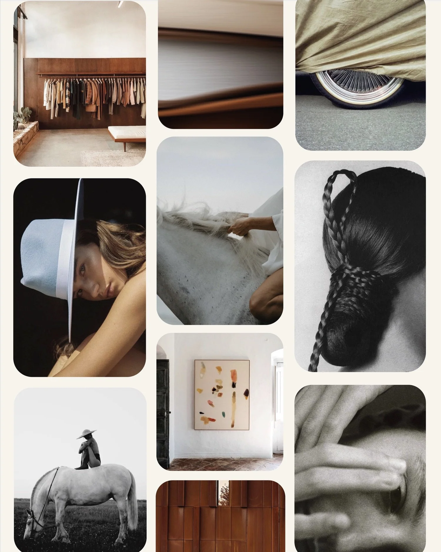A collage of various images including a clothing rack with beige and brown garments, a person with long hair touching a white horse, a black and white photo of a woman with braided hair, a person lounging on a blanket, an abstract painting on a wall, a person wearing a hat sitting on a horse, and a window with a sunset view.