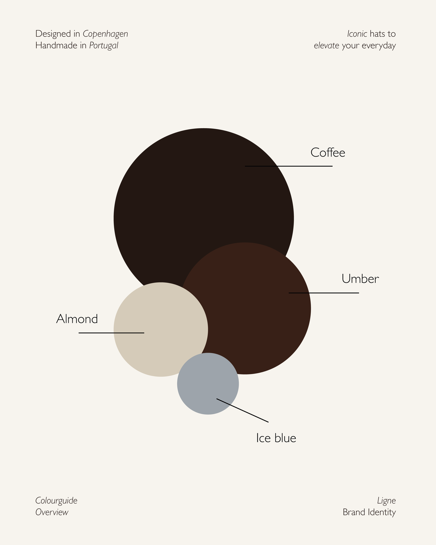 A color palette chart featuring five circles in shades of beige, brown, gray, and black, with labels indicating colors: Almond, Ice blue, Umber, and Coffee. The background is light beige, and additional text mentions design origins from Copenhagen and Portugal, and the purpose of the design to elevate everyday styles.