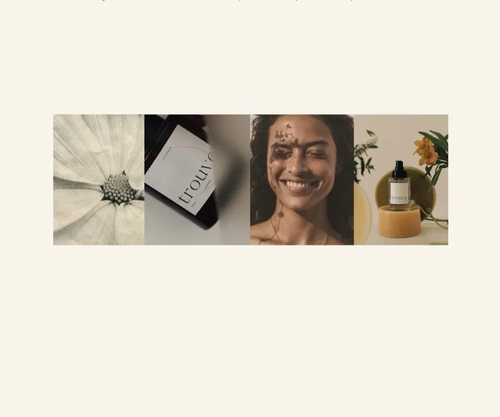 A collage of four images: a white flower, a bottle of perfume labeled 'Inoui,' a smiling woman with leaves on her face, and another perfume bottle with flowers and yellow objects in the background.