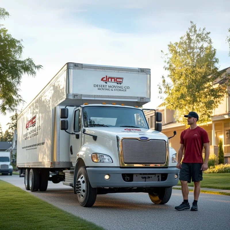 A man wearing a red shirt and black shorts standing next to a white moving truck on a quiet neighborhood street.