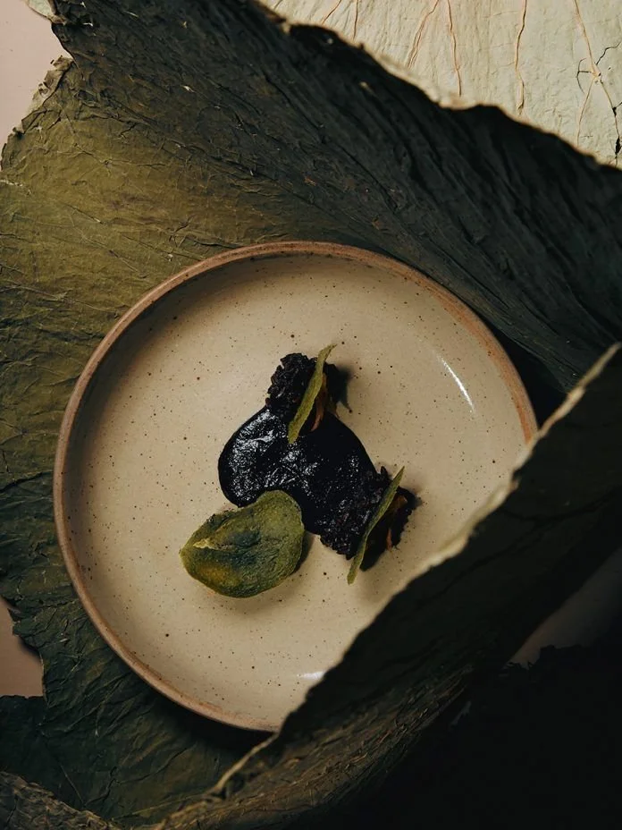 A small ceramic plate with a dark, cooked piece of food, garnished with green leaves, placed on large dark green leaves.