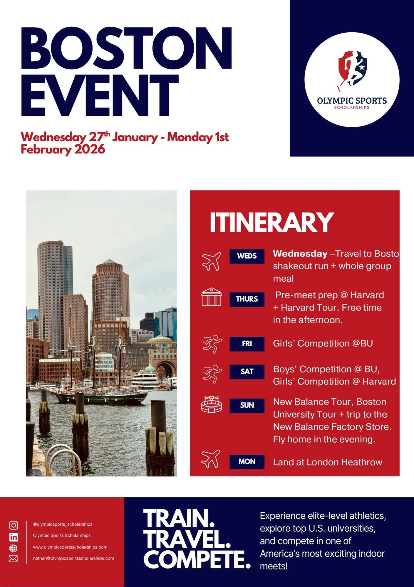 Olympic Sports Scholarships Boston trip flyer with the itinerary: travel and shakeout run, Harvard tour, competitions at Boston University and Harvard, and a New Balance and BU tour