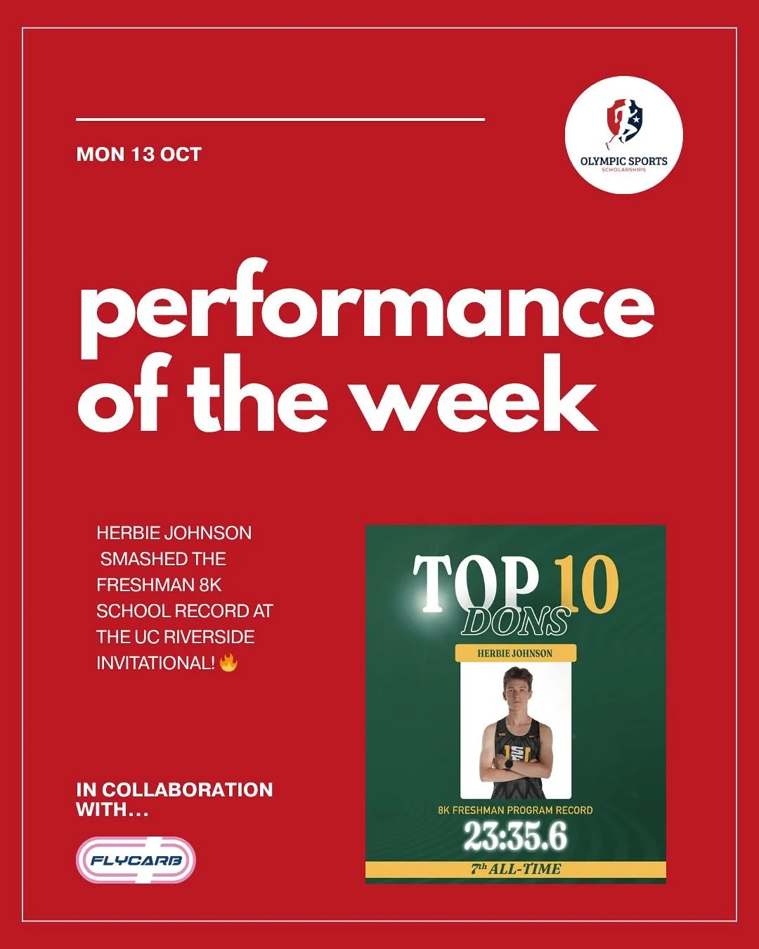 This week&rsquo;s Athlete of the Week, in collaboration with FLYCARB, is Herbie Johnson! 🏃&zwj;♂️🔥

In a spectacular performance at the UC Riverside Invitational, Herbie broke the freshman school record and ran the 7th-fastest 8K in program history