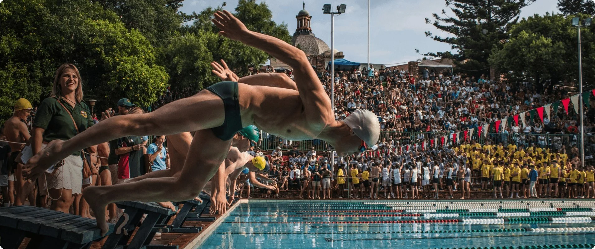 Swimmers diving into a swimming pool at the start of a race during a competitive swim meet.