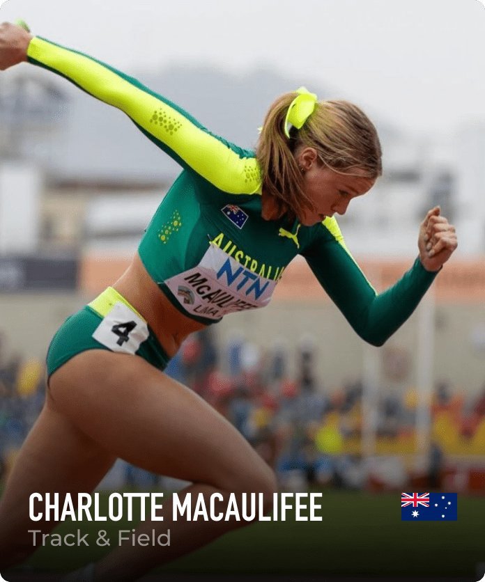 Australian track and field athlete Charlotte McAuliffe racing in green and gold, wearing bib number 4.