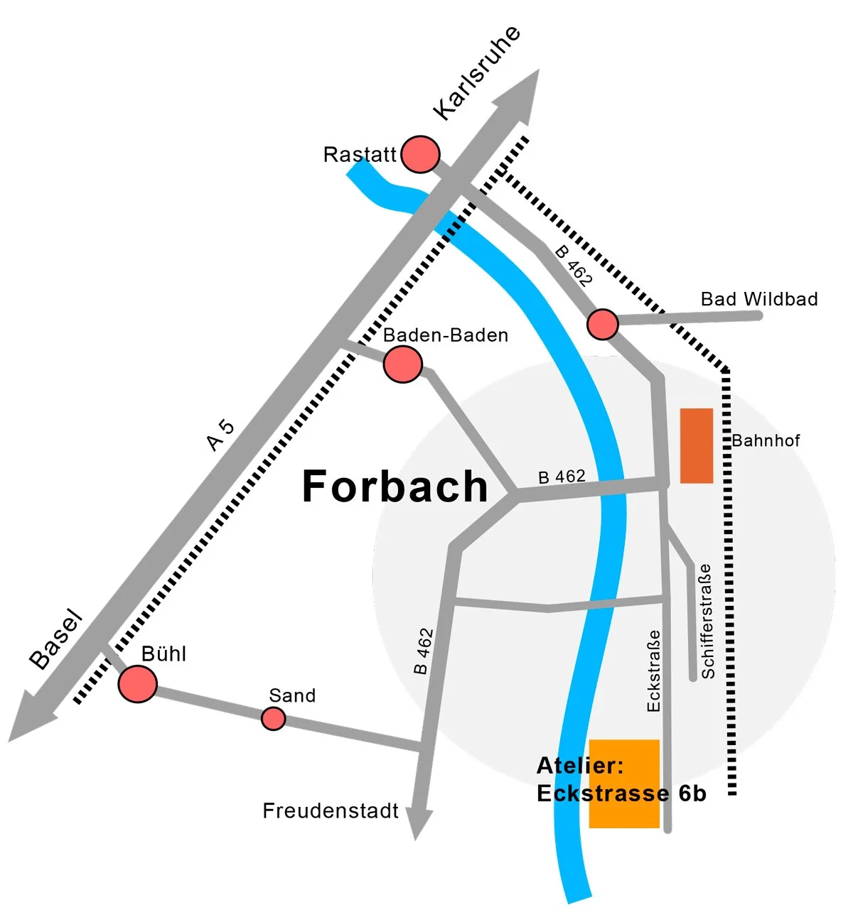 Karte zeigt Forbach und Umgebung mit Hauptstraßen, darunter B 462. Nördlich liegen Rastatt und Baden-Baden, südlich Freudenstadt. Atelier in der Eckstraße 6b hervorgehoben.