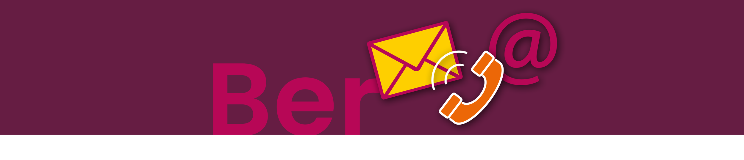 Grafik mit Umschlag, Telefonhörer und @-Symbol auf violettem Hintergrund.