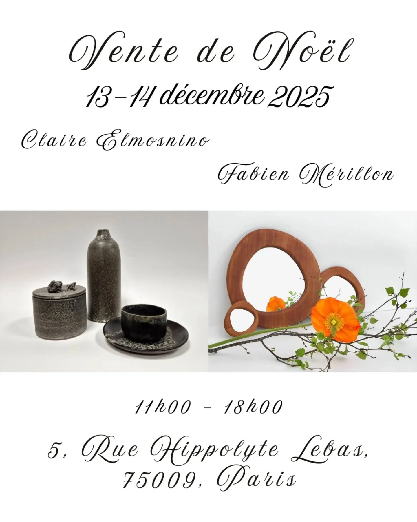 Voici le moment de la vente annuelle de d&eacute;cembre. Avec @claire.elmosnino nous vous accueillerons pendant deux jours pour faire le plein de cadeaux uniques.

#no&euml;l #ceramique #bois #decoration #cadeaunoel #artisanat