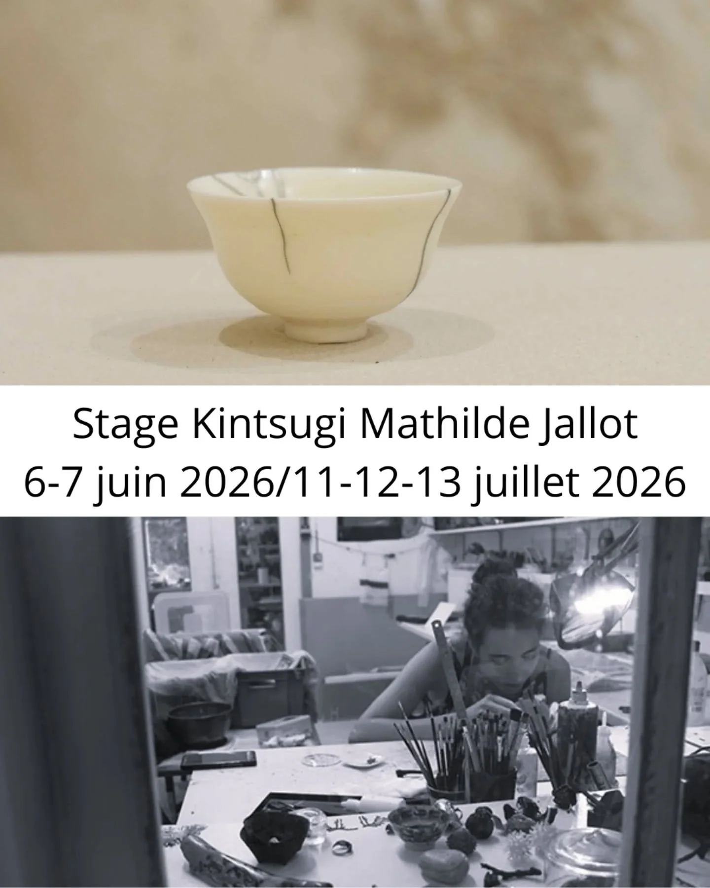 Deux dates exceptionnelles pour ces stages de #kintsugi lors du passage &agrave; Paris de @mathilde_jallot, actuellement en &eacute;tude d'approfondissement du travail de la laque au Japon. Toutes les infos sur le site internet indiqu&eacute; sur mon