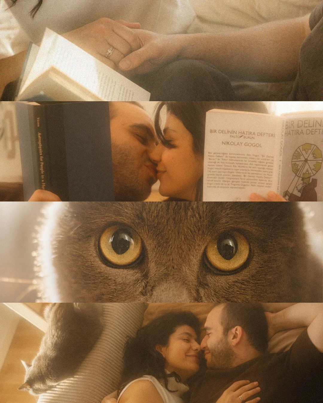 A four-panel photo collage featuring a couple reading books, kissing, lying in bed, and a close-up of their grey cat in a Berlin apartment.