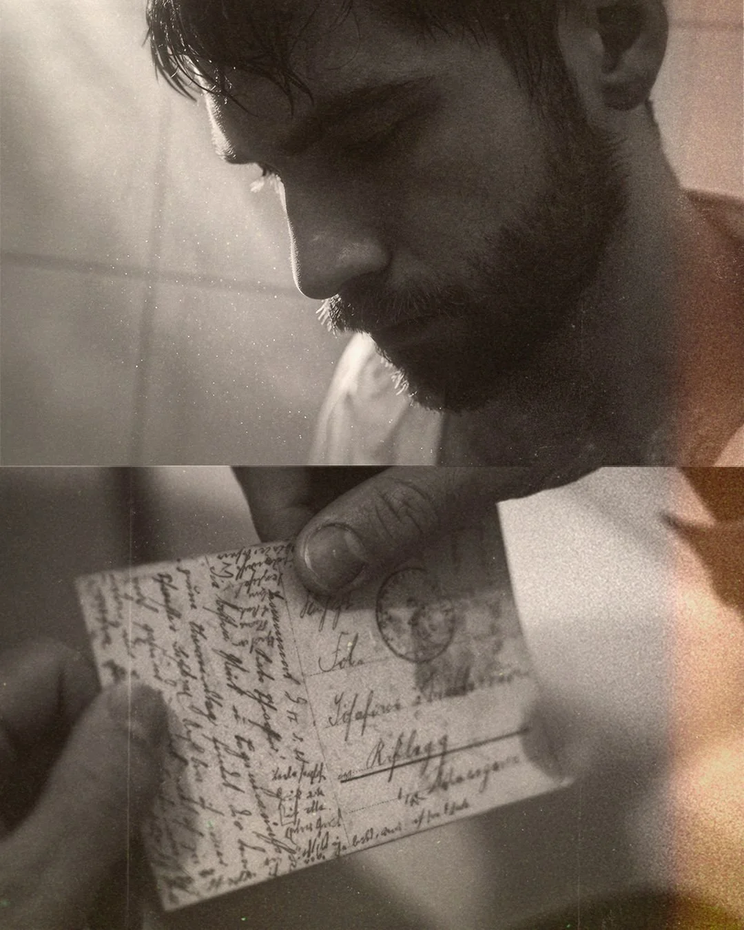 Black and white cinematic portrait of man reading a handwritten letter, emotional storytelling photography in Berlin