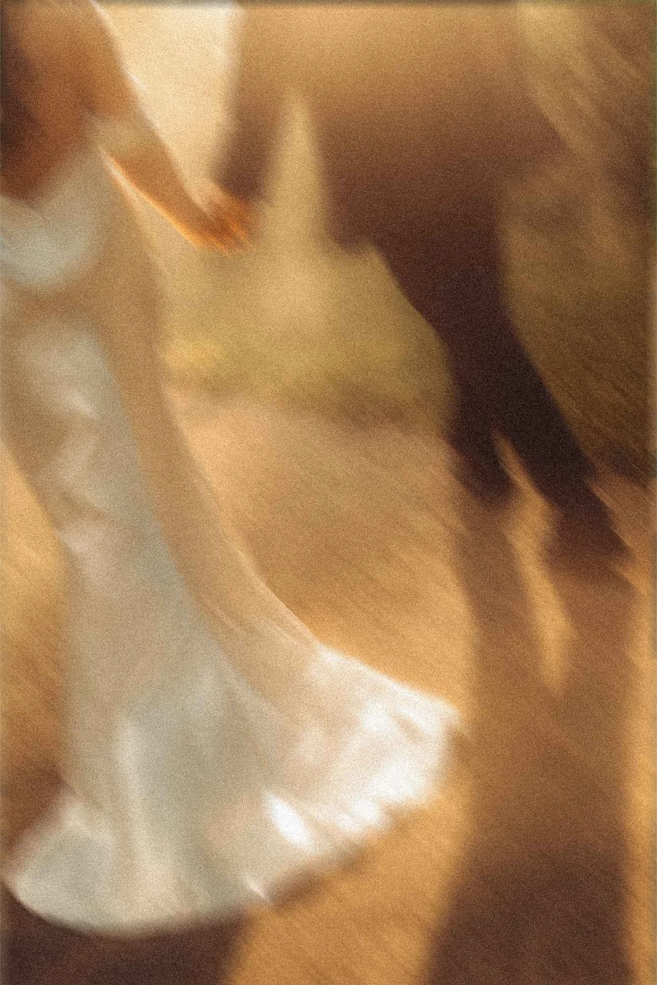 A motion-blurred, cinematic shot of a bride walking in a white wedding gown, casting a long shadow on the ground during golden hour in Potsdam
