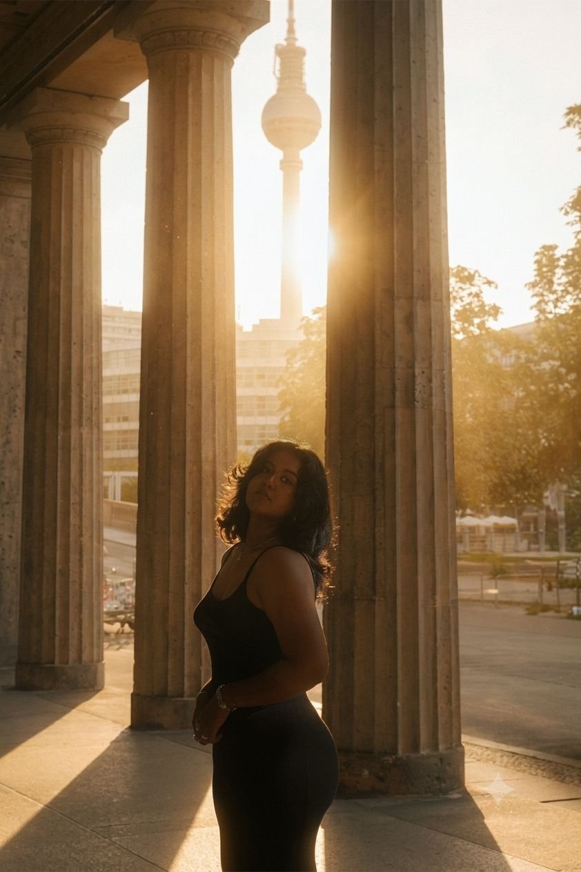 A portrait of a woman standing between classical columns with the Berlin TV Tower in the background during golden hour.