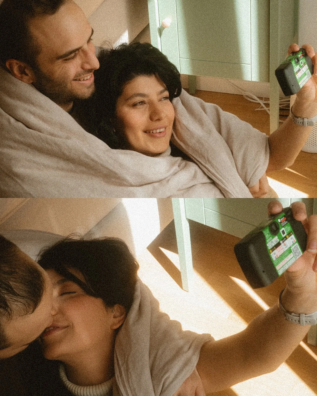 A two-panel diptych of a couple taking a selfie with a disposable camera in a Berlin apartment.