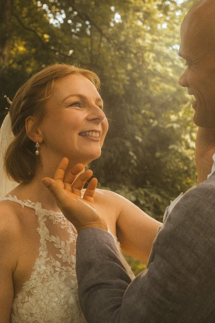 Bride smiling radiantly at groom during golden hour portrait session in Berlin park, lace wedding dress