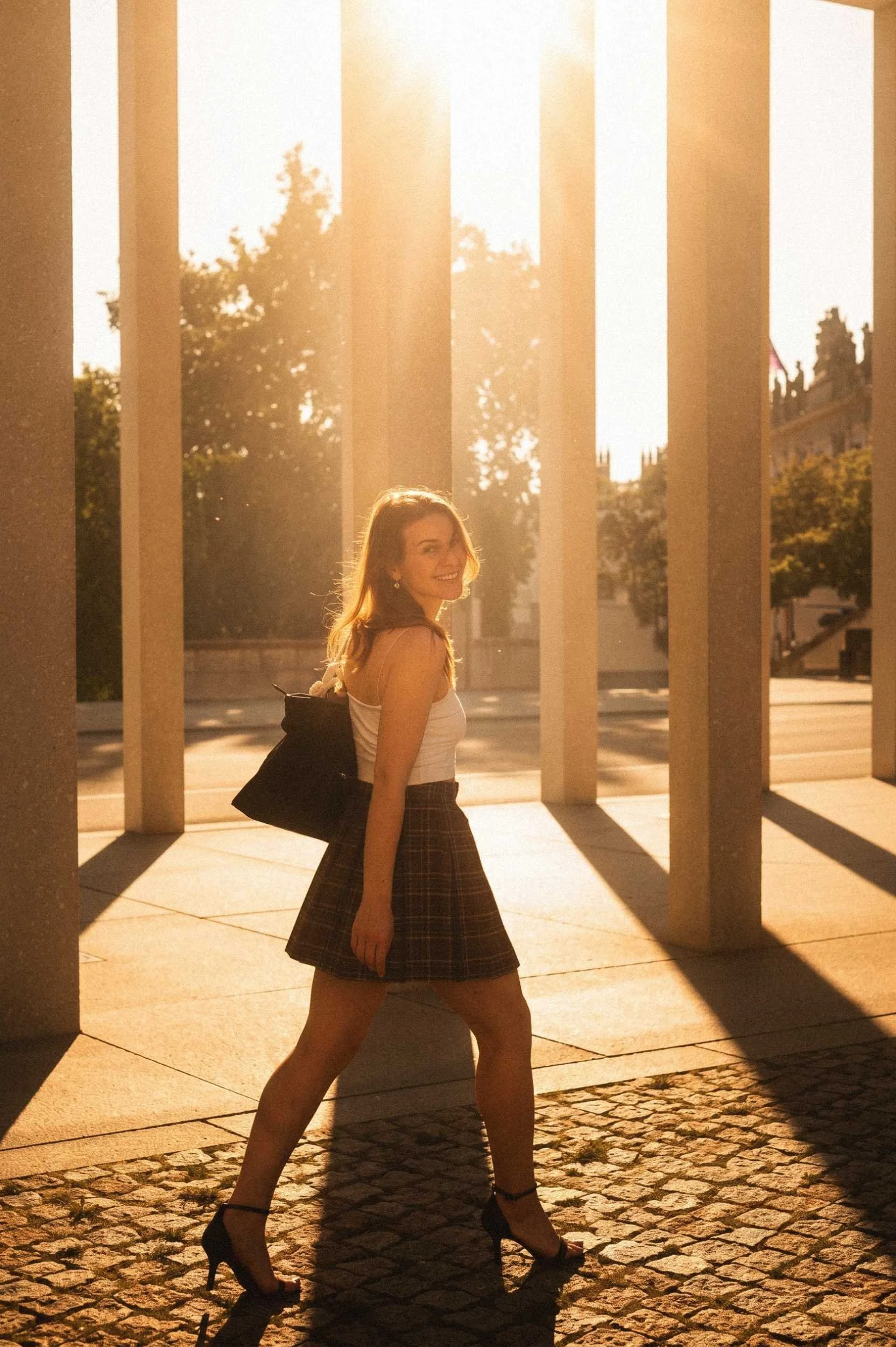 File Name: woman-walking-museum-island-golden-hour.jpg Alt Text:
