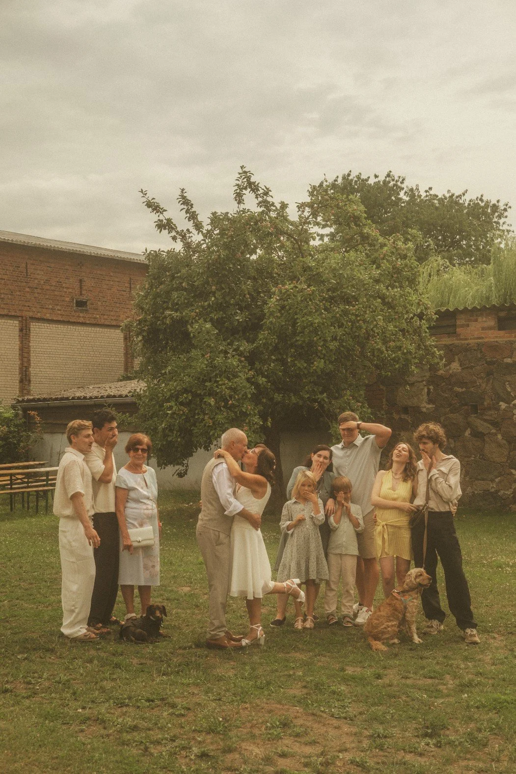 A wide group portrait of a wedding party and family members gathered outdoors on the grass celebrating a couple kissing.