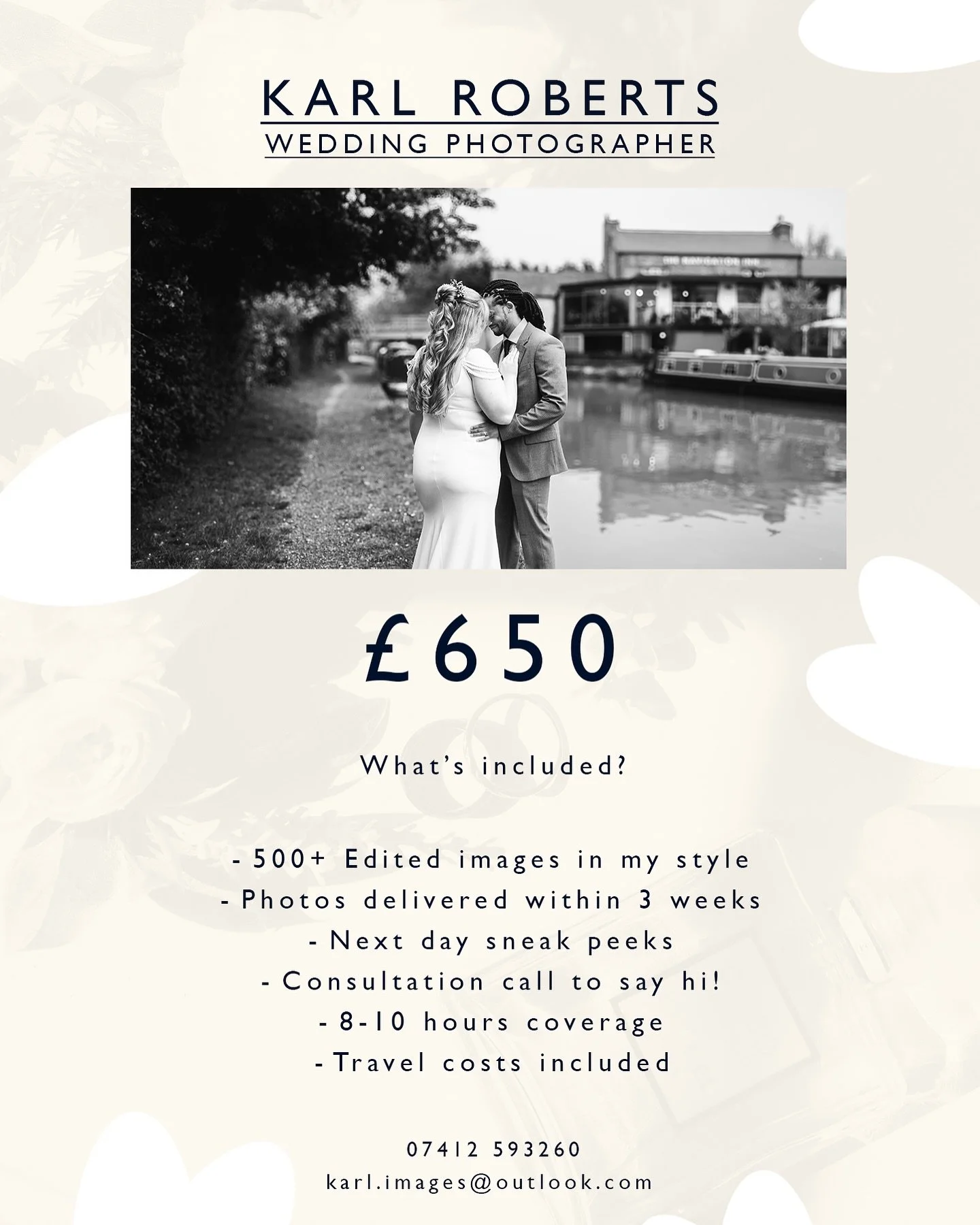 Hello to all my future couples!

You&rsquo;re planning the biggest day of your life&mdash;and I&rsquo;m here to capture it with an artistic, romantic style that&rsquo;s authentic (and never too cheesy 😉).

My approach blends storytelling with guided