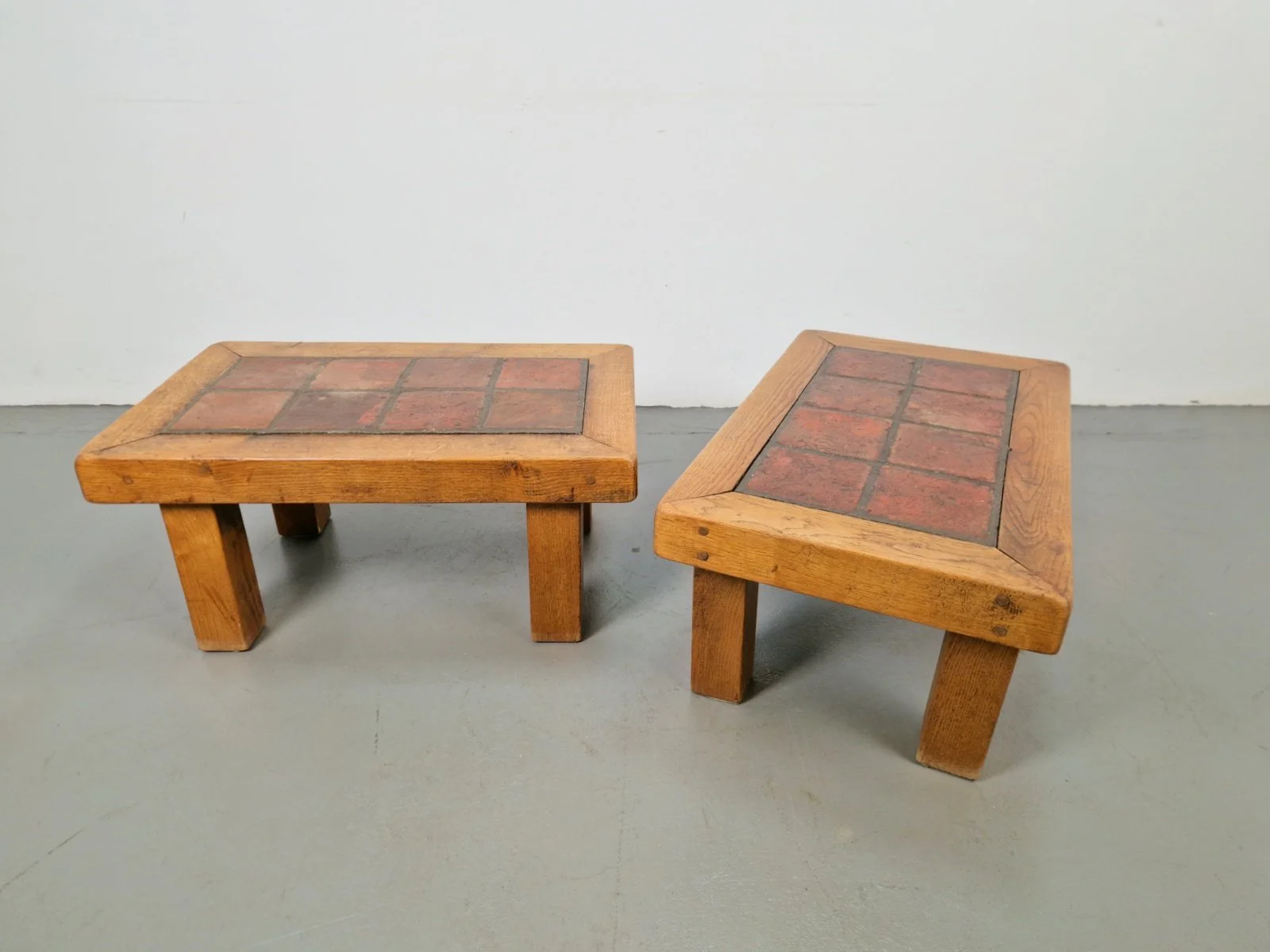 Brutalist Oak Side Table Roger Capron Terracotta Tiles, 1950s, Set of 2