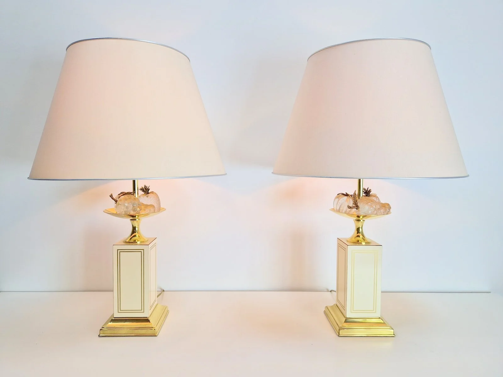 A pair Fruit Bowl Table Lamps in Brass and Crystal by Le Dauphin, 1970s