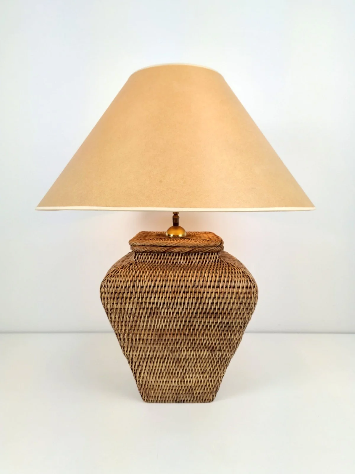 Large Hand Woven wicker Rattan Table Lamp, France 1970’s