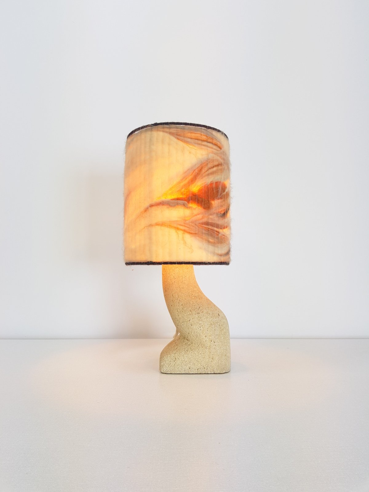 Vintage Sculptural Table Lamp in Natural Stone and Wool, 1970s
