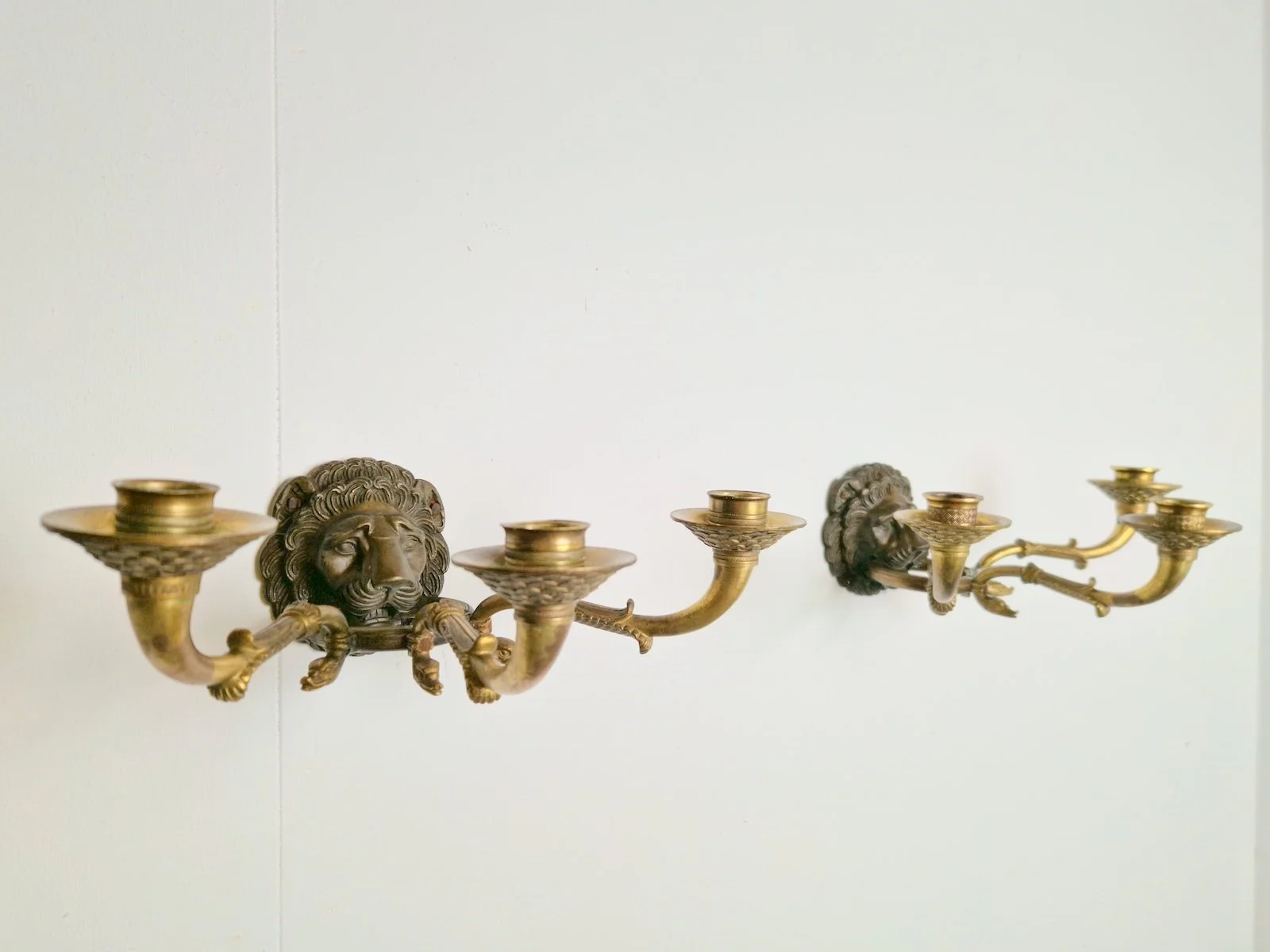 Pair of French Bronze & Brass wall Sconces with Lions Heads 20th Century