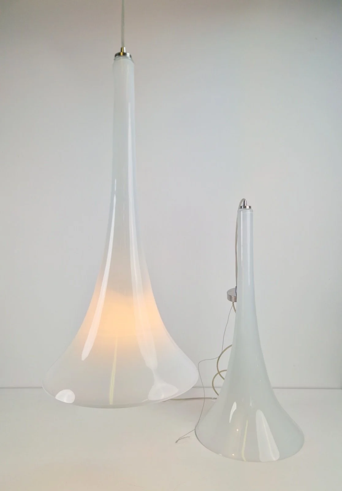 A pair handmade trumpet glass pendant lamps by Jaslo glass, 1980