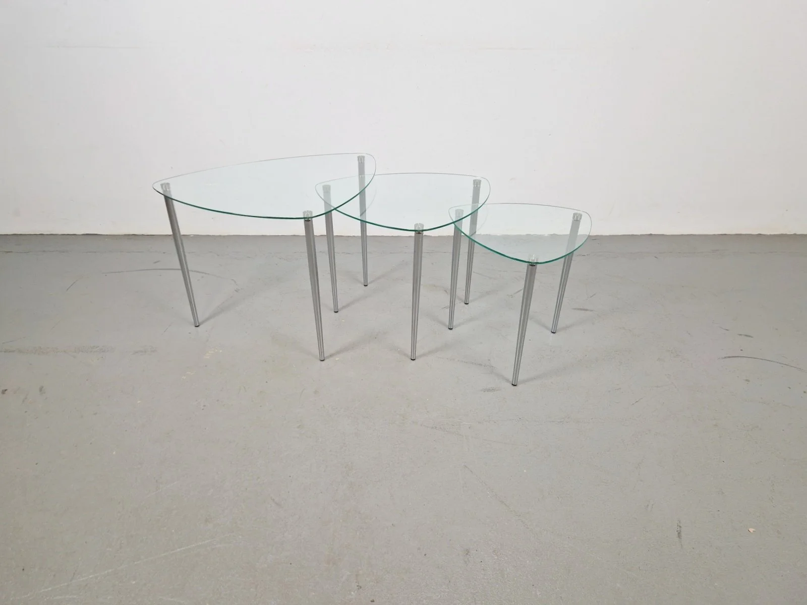 Triangular Nesting Tables in Glass and Chrome, 1970s, Set of 3