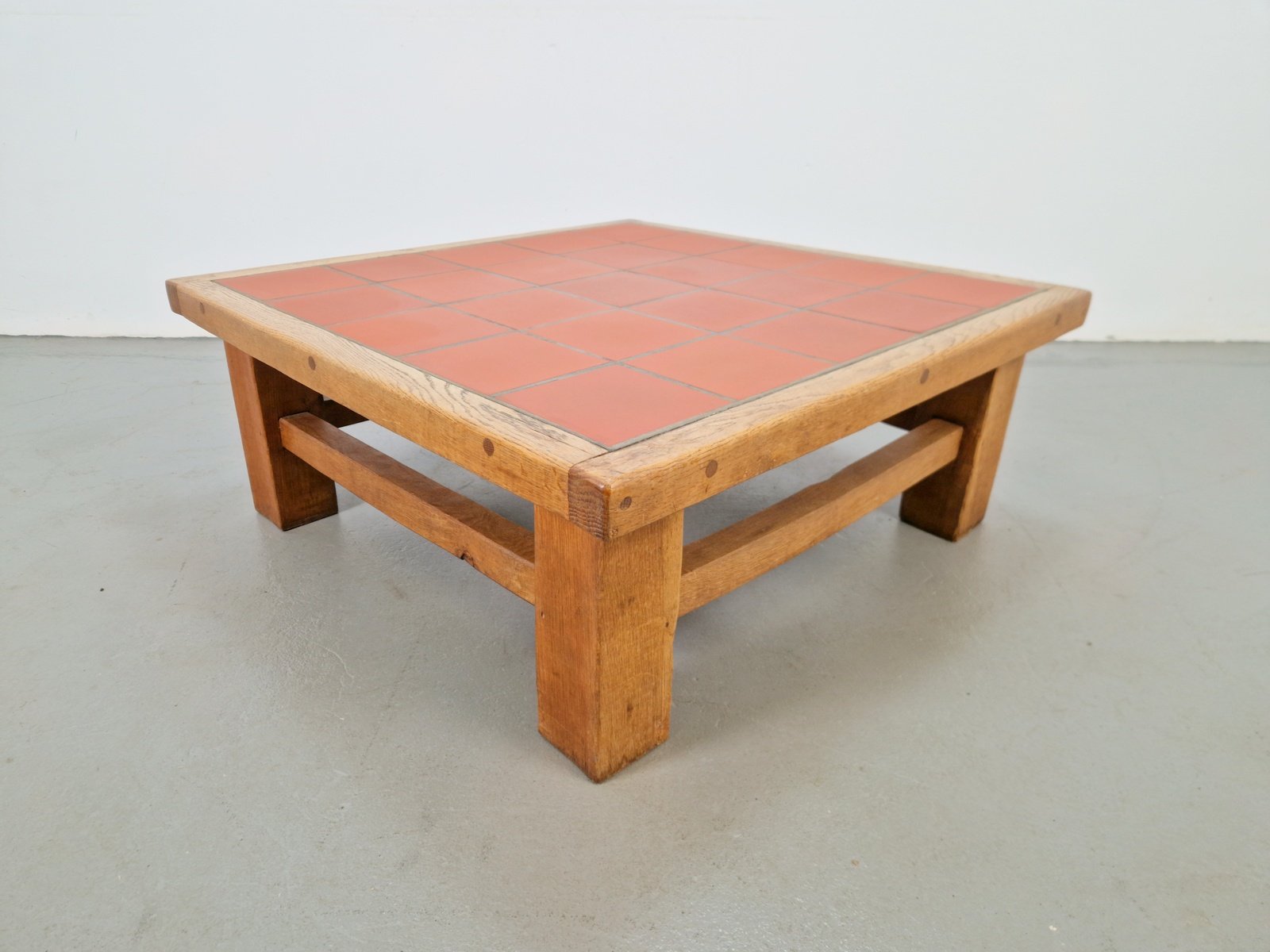 Brutalist Oak Coffee Table with Terracotta Tiles, 1950s