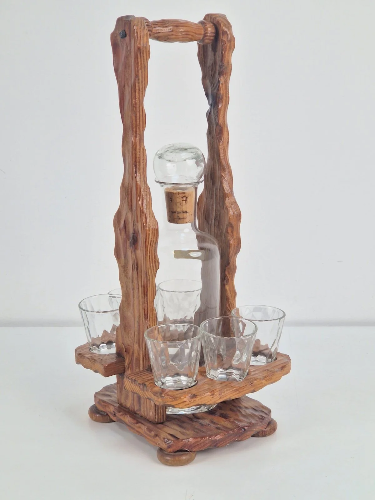 Brutalist Oak bottle stand Nachtmann decanter and 6 glasses, ‘70