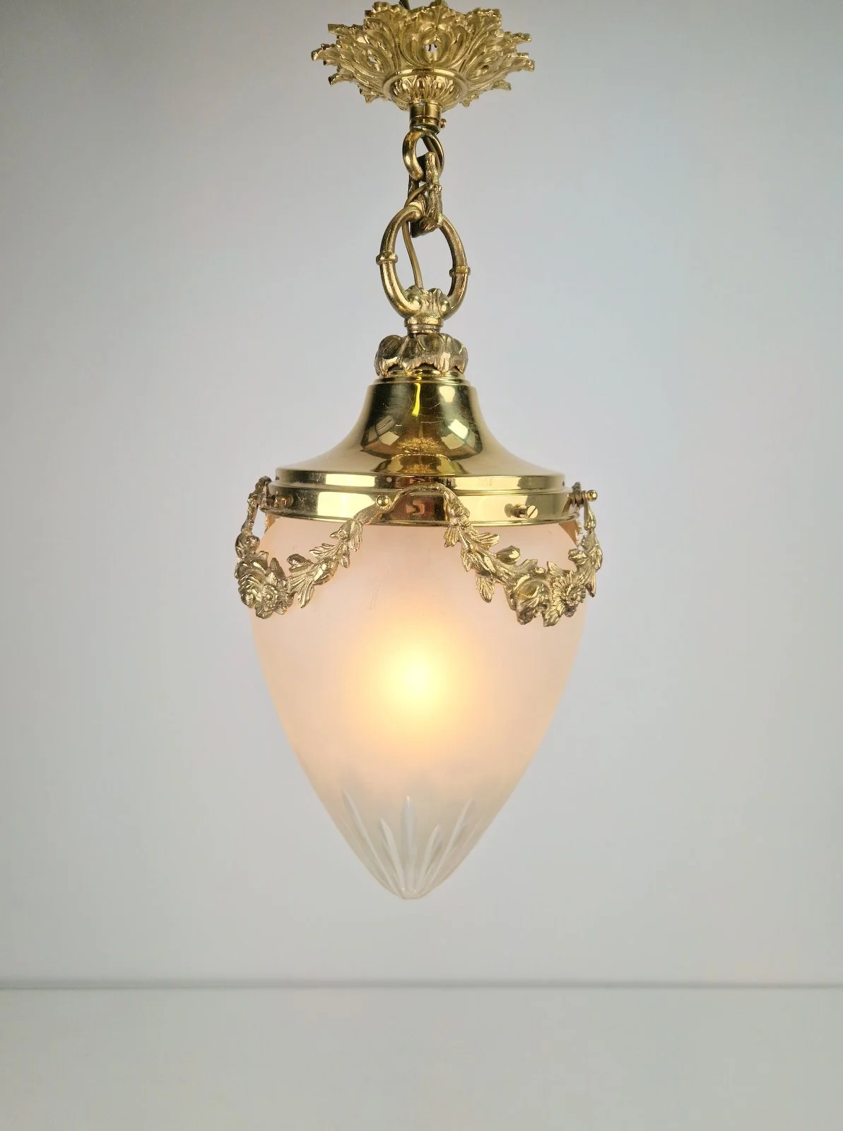 Vintage French Brass Ceiling Lamp with a Sanded Glass Shade, 1950s