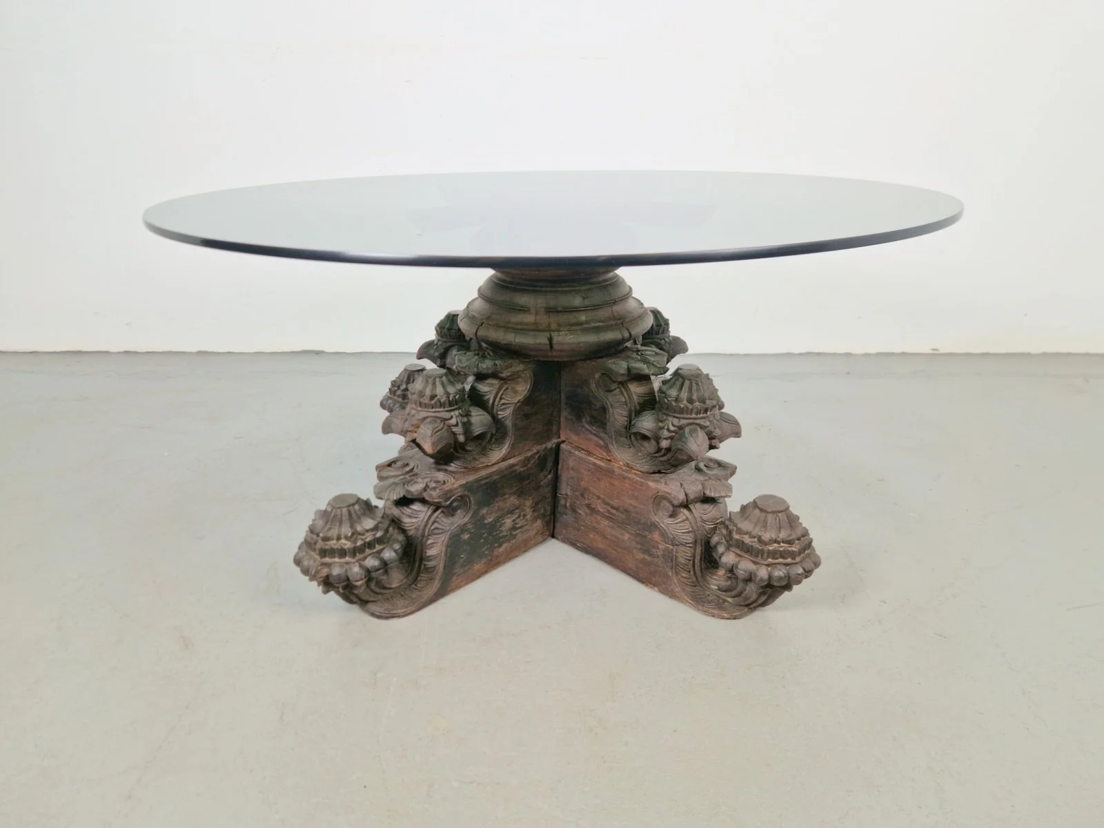 Anglo-Indian Hand-Carved Hardwood and Glass Coffee Table