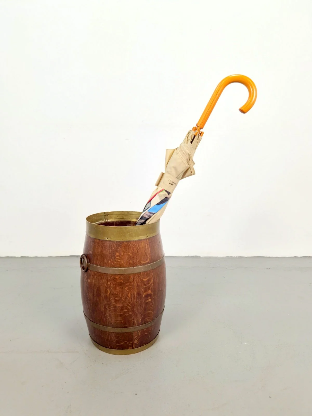 Coopered Hallway Barrel, Dutch, Oak, Brass, Umbrella Stand