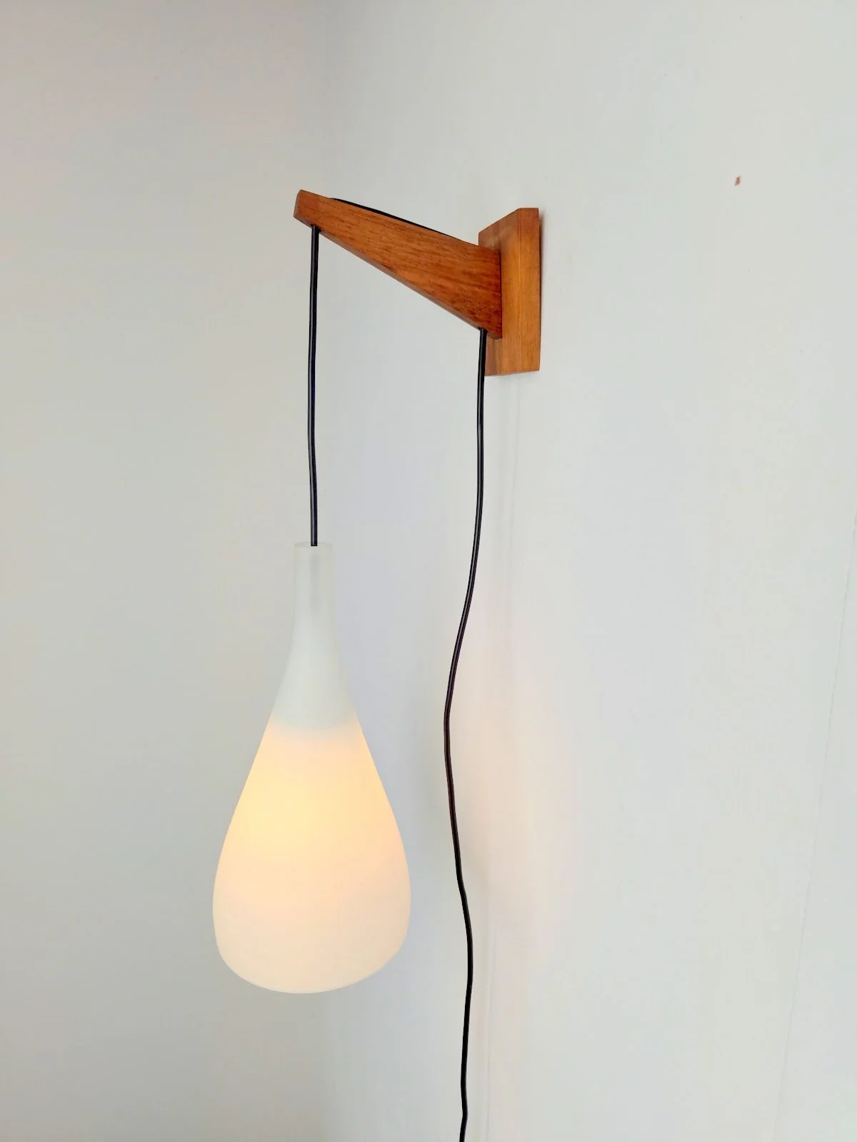 Vintage Danish Teak tear drop white glass drop wall lamp '60