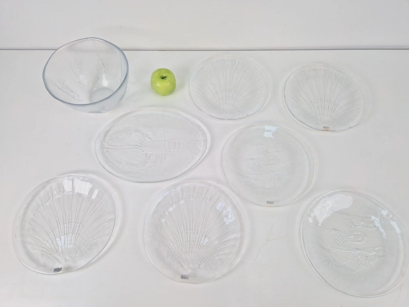 Glass Seafood Serving Bowl and Plates by Ann Warff for Kosta Boda, Sweden, 1970s, Set of 8