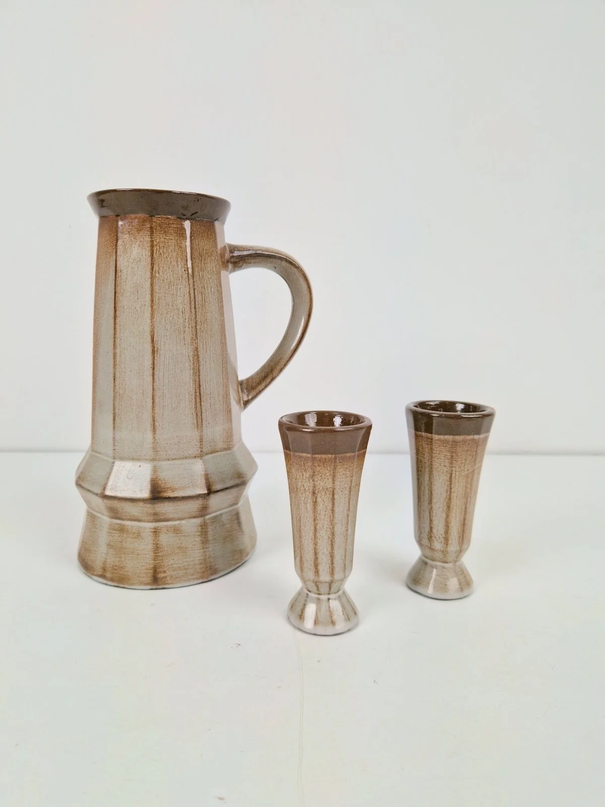 Cubist Studio Pottery Ceramic Pitcher & 2 cups, 1950s