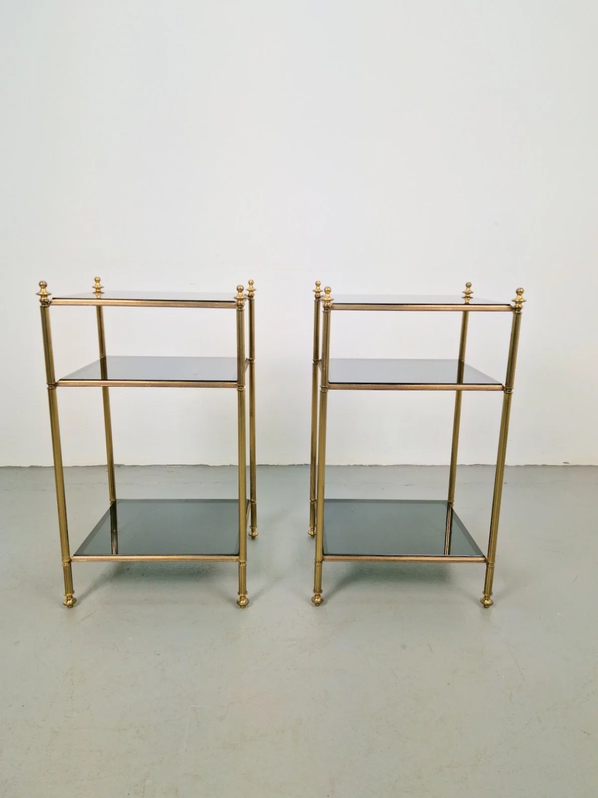 Mid-Century 3-Tier Side Tables in Brass and Smoked Glass from Maison Jansen, 1960s, Set of 2